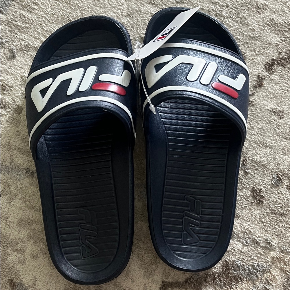 Fila Navy Slide Sandals with White Logo and Red Accent
